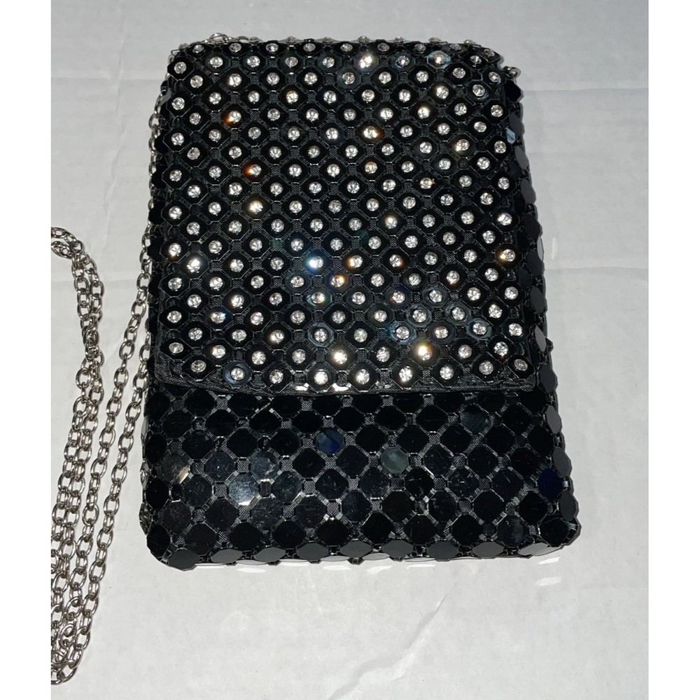 Black mesh crystal embellished shoulder tote purse bag - Picture 3 of 8